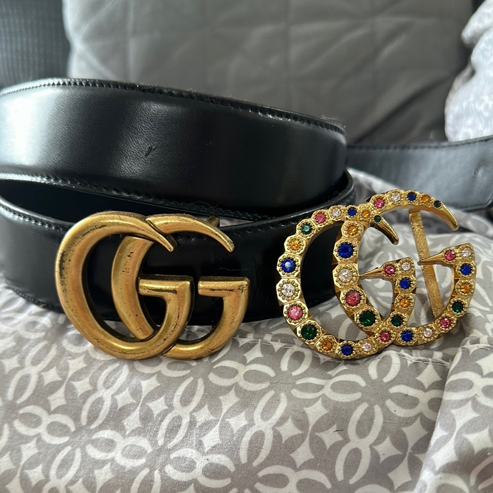Gucci Black Leather Belt with Gold and Multicolor GG Buckles